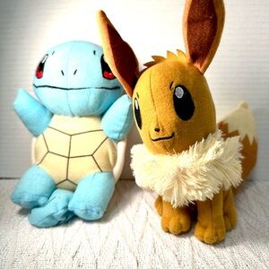 Pokemon Eevee & Squirtle Plush Pair - Brown, Light Blue